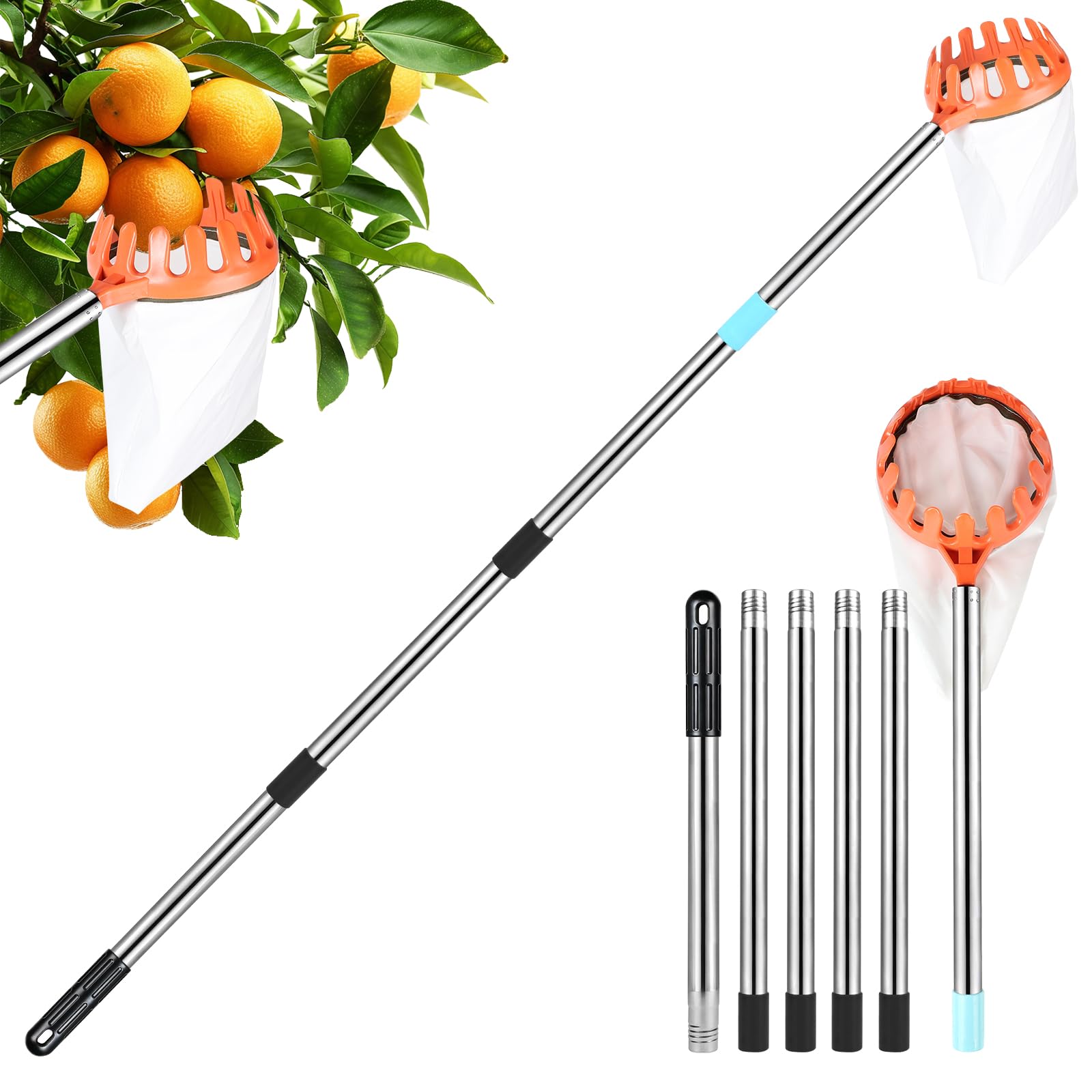 DBREAKS 2,4 M Cueille Fruit Telescopique, Fruit Outil Cueillette avec Sac en Coton, Cueille Fruit Telescopique pour la RéColte des Pommes, Cerises, Poires, PêChes