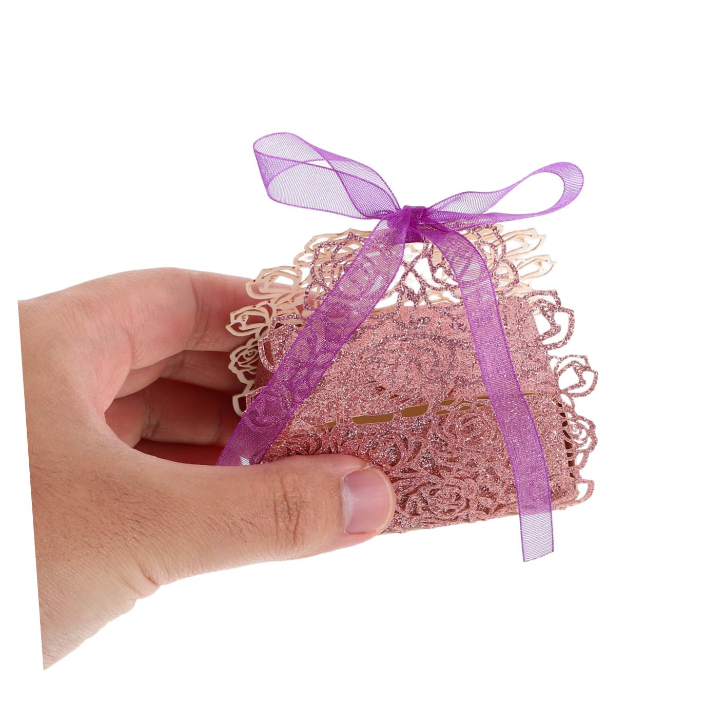 50 Scatole Regalo per Caramelle con Nastro Rosa Glitterato Scatole Portaconfetti Floreali Traforate in Carta Bomboniere per Matrimoni e Feste Confezioni Compatte per Dolcetti
