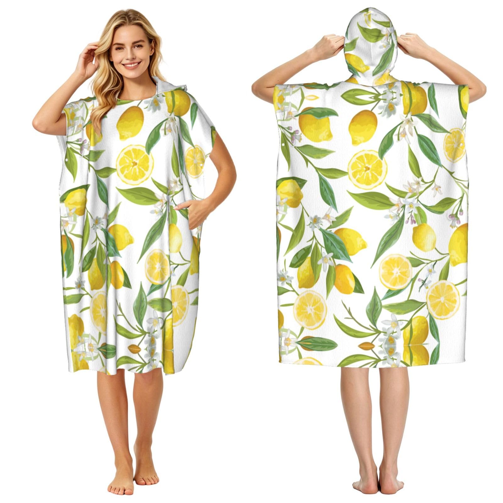 EZDLOWVBA Fresh Tropical Lemons Print Hooded Poncho Microfiber Beach Towel,Adult Women & Men Changing Robe,Lightweight Summer Surf Swim Bath Poncho Towel