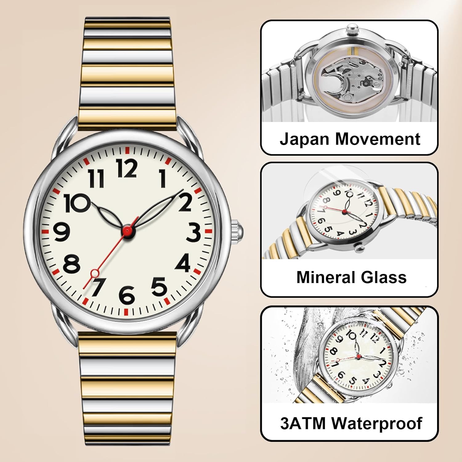 Asan Ge Watch for Women, Expansion Band Fits Various Sizes, Vintage Analog Waterproof, Fashion Luminous Dial Easy to Read, 1 Watch with 4 Straps - Easy Tool Free Replacement (Gold Silver)