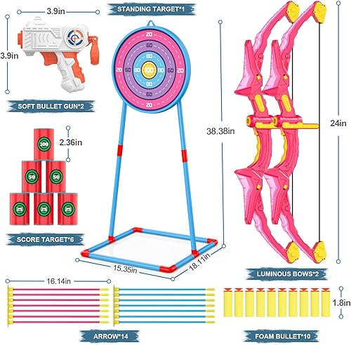 Miniatura 21 de Juego de 2 arcos y flechas para niños, juego de tiro con arco iluminado con 14 flechas de ventosa, juguetes al aire libre para niños de 6 a 8 a 12