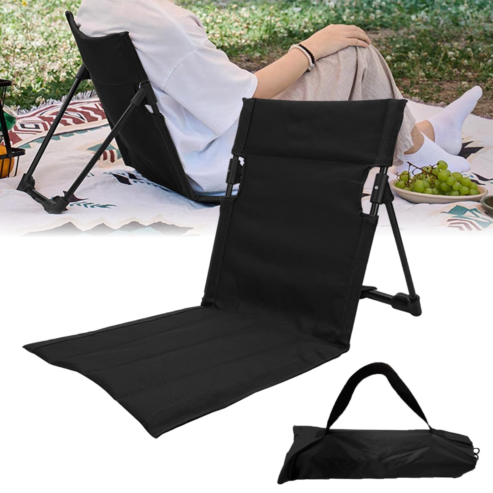 Esterilla Playa con Respaldo con Bolsillo, Esterilla con Respaldo Playa Plegable Tela Oxford 600D Portátil Ultraligera Tumbona Playa para Camping, Playa, Hierba, Jardín (Negro)