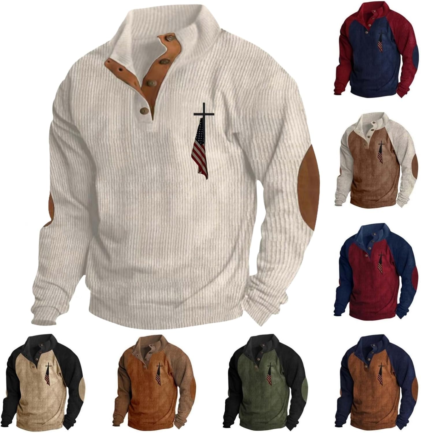 Men'S Corduroy Sweatshirt American Flag Jesus Cross Graphic Pullover 1/4 Button Down Stand Collar Casual Tops