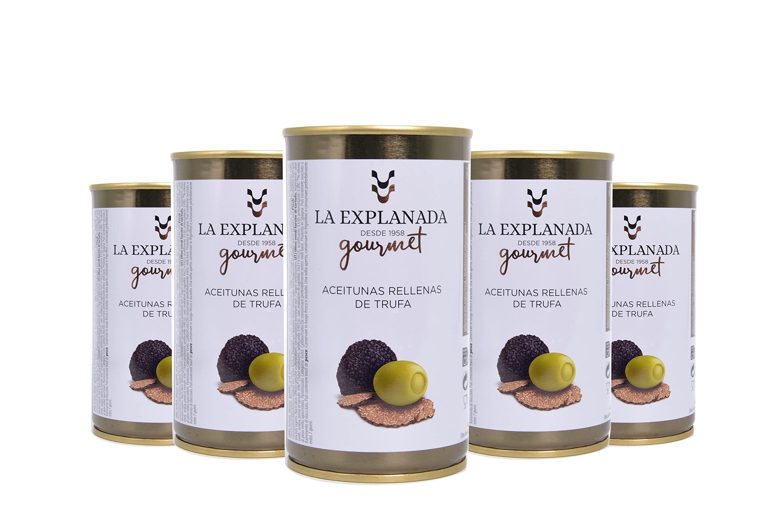 La Explanada Gourmet - Pack 15 Latas Aceitunas rellenas Trufa - Aceitunas Cazorla - Aceitunas Manzanilla Rellenas de Trufa - Formato Lata - Peso Neto Escurrido 150 g - Origen España