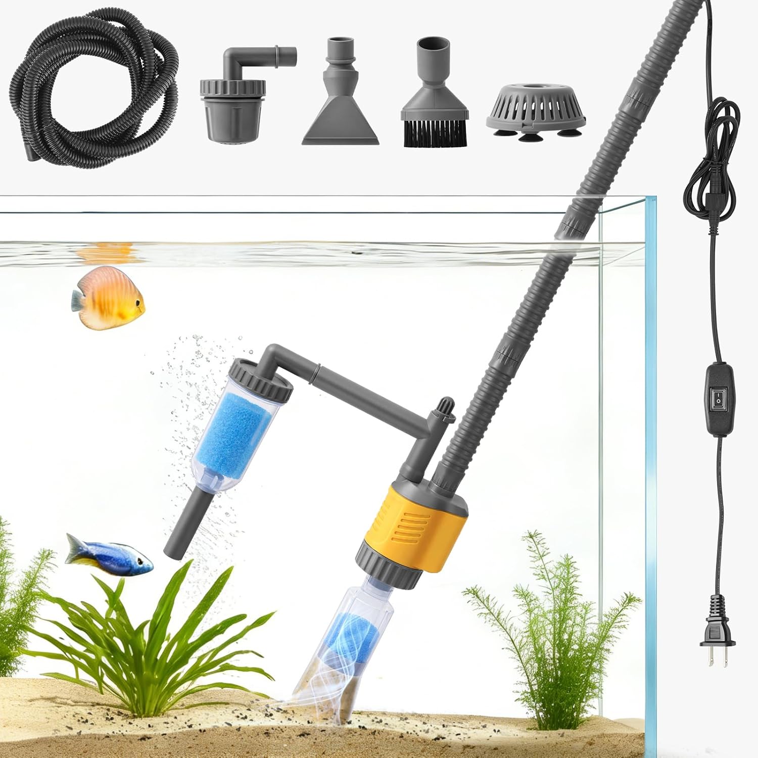 Dirvin Aquarium Vacuum Gravel Cleaner, 8 in 1 Removable 20W Fish Tank Cleaner Gravel Vacuum for Aquarium, Strong Suction for Change Water Wash Sand Clean Algae Water Circulation
