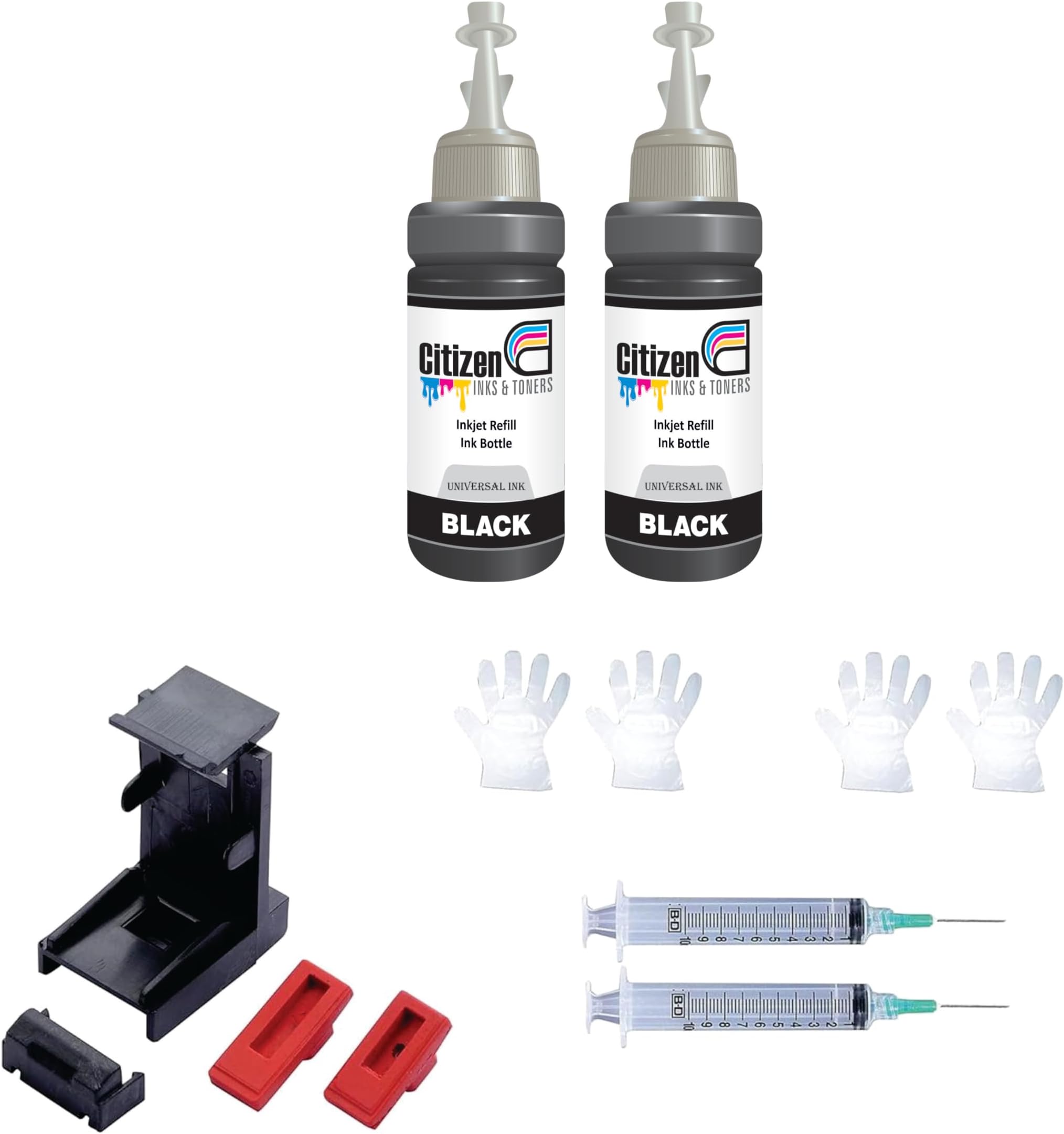 Refill Kit with Suction Tool Combo Pack of High Yield Inkjet Cartridge Ink Refill Compatible for HP and Canon Cartridge Printers - 100ml Per Bottle (2 bk 2 Syringe 1 Suction Tools)