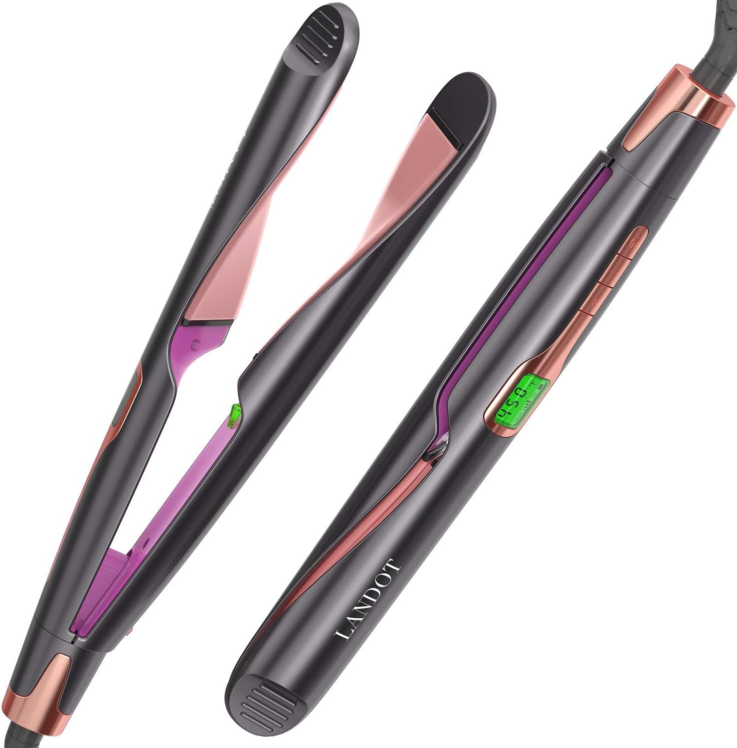 LANDOT Hair Straightener and Curler 2 in 1, Twist Straightening Curling Iron, Professional Negative Ion Flat Iron with Adjustable Temp for All Hair Types, Instant Heating, Dual Voltage Medium