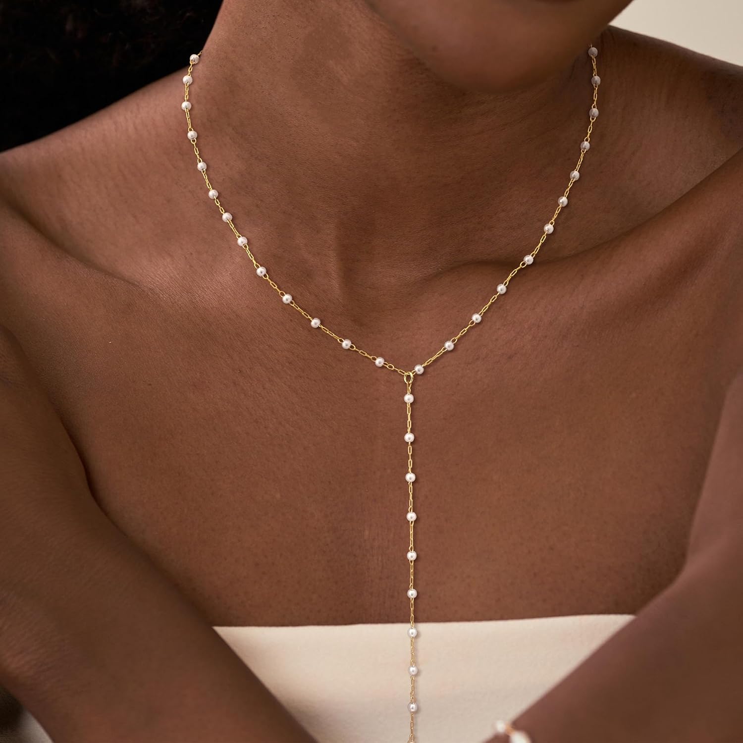 LOVELUCK Long Lariat Necklace for Women,Dainty Layered Y-Shaped Necklaces 14K Gold/Silver Plated Beaded Chain Drop Necklaces for Women Trendy Jewelry Gifts image 2