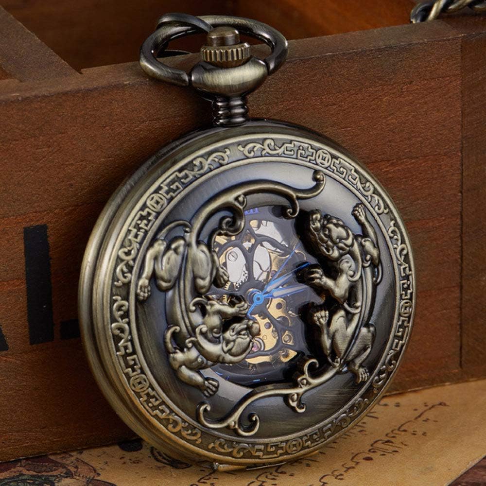 Pocket Watch Retro Bronze Mechanical Pocket Watch Hand Winding Carved Double Brave Troops Lucky Engraved Pocket Watches Chain Flip Clock Gift for Birthday Christmas Fathers Day