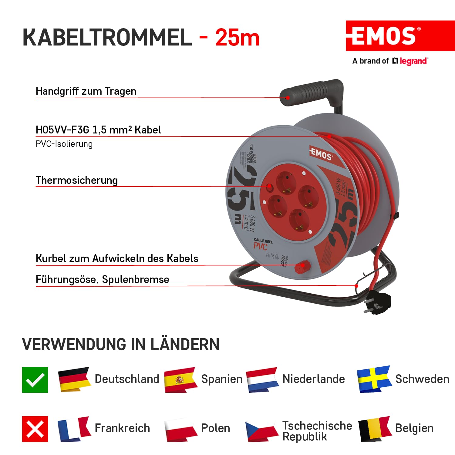 EMOS - Avvolgicavo 25 m - 4 prese Schuko - 230 V, 16 A, 3680 W - isolamento in PVC di alta qualità - H05VV-F3G 1,5 mm2 - protezione contro il surriscaldamento - IP20 per interni
