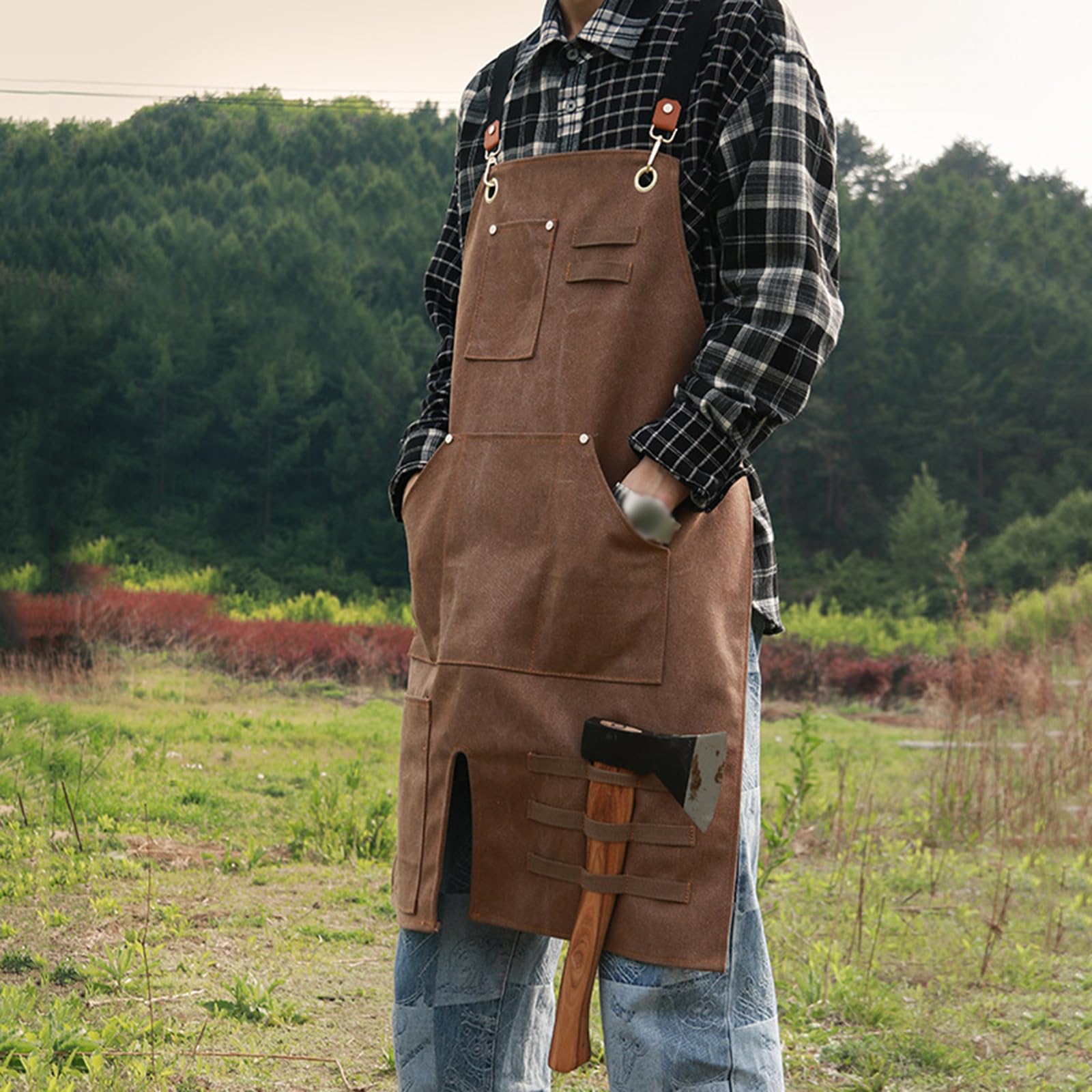 Fartuch szefa kuchni ， Fartuch Denim Bib Fartuch warsztatowy, fartuch narzędziowy, fartuch roboczy z rozciętymi nogawkami, wytrzymały, z kieszeniami, płócienny, regulowany fartuch z krzyżowym tyłem