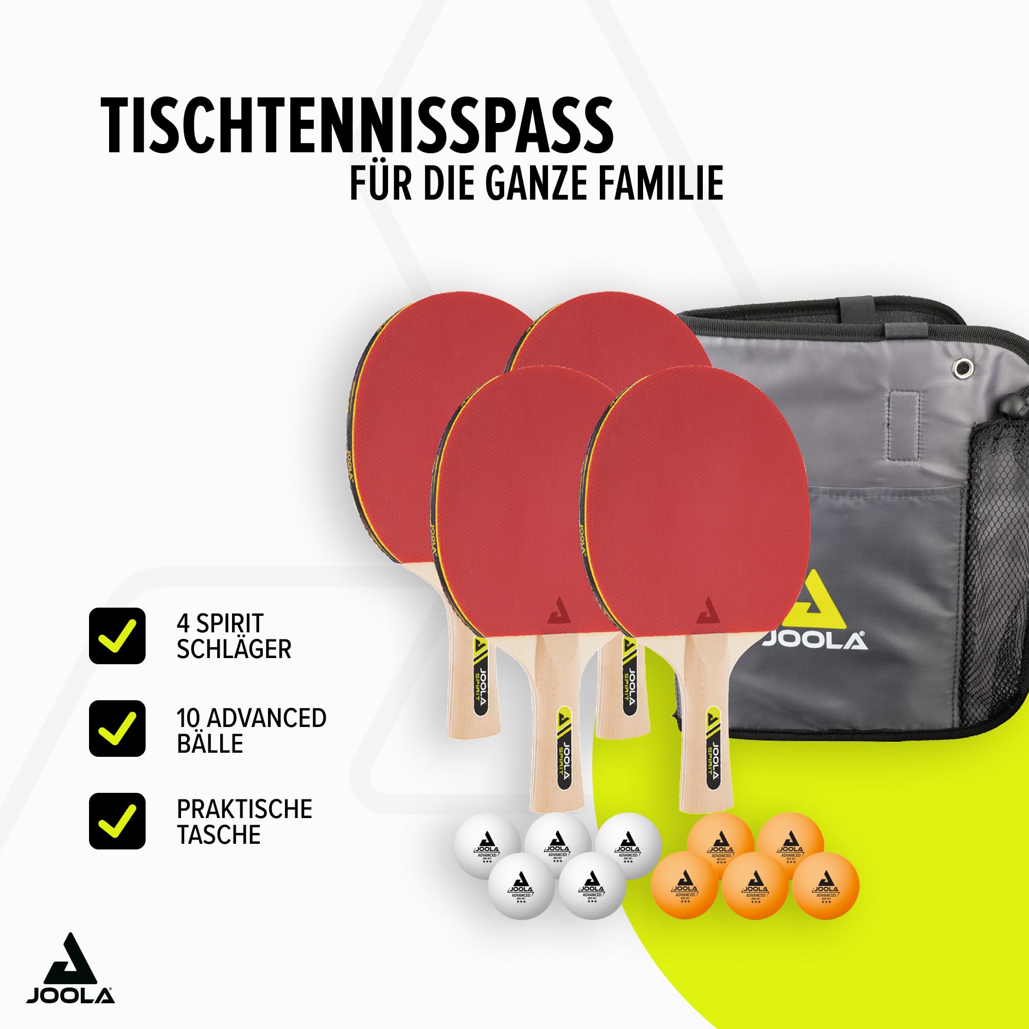JOOLA Tischtennis-Set Family, Tischtennis-Set mit 4 Tischtennisschlägern, Tischtennisbällen und Tragetasche