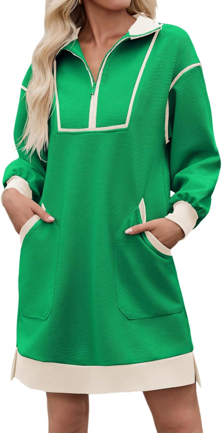 Wenrine Women's Oversized Sweatshirt Dress Half Zip V Neck Long Sleeve Contrast Fall Casual Mini Dresses