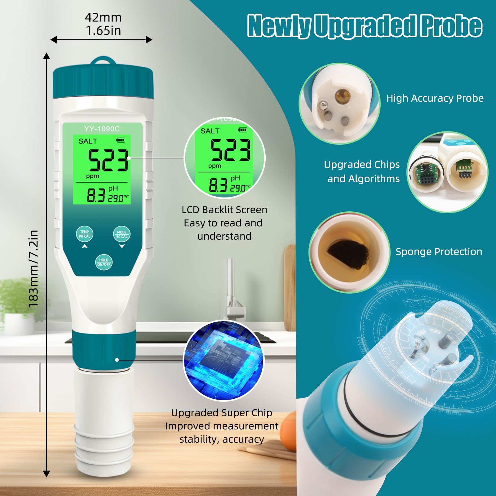 Medidor de pH para hidroponía y medidor de sal de spa - Medidor de pH, salinidad, TDS, EC y temperatura 5 en 1 con calibración de 12,88 mS/cm - Monitor de calidad del agua de piscina de agua salada