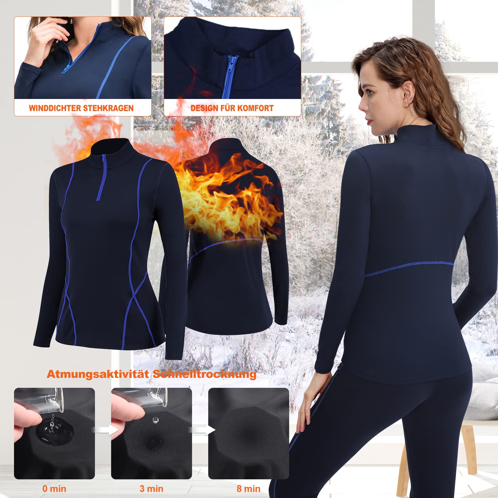 TBoonor Biancheria Intima Termica da Donna con Collo Alto, Antivento, Set di Biancheria Intima Termica, Biancheria Intima da Sci, Traspirante, Flessibile, Termica