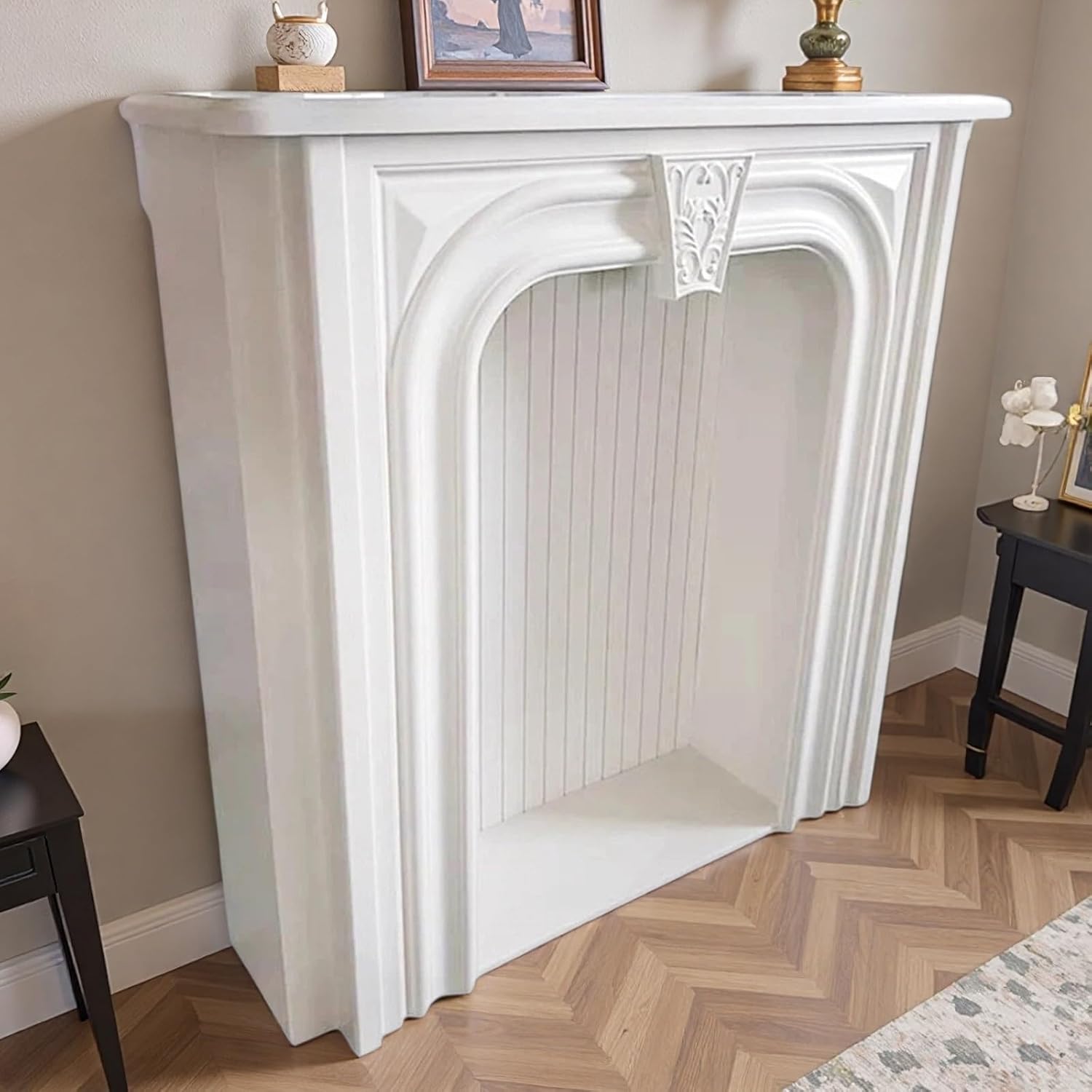 Fireplace Surround Solid Birch Wood Arched Fireplace Mantel with Ornate Carved Accent & White Finish(Medium)