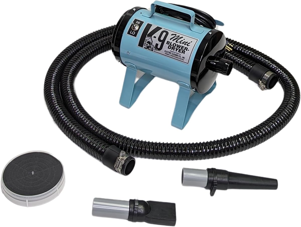ECC Mini K-9 Secador para perros de alta velocidad - Secador portátil para mascotas con 2 velocidades, manguera de 10' y puntas, ECC azul