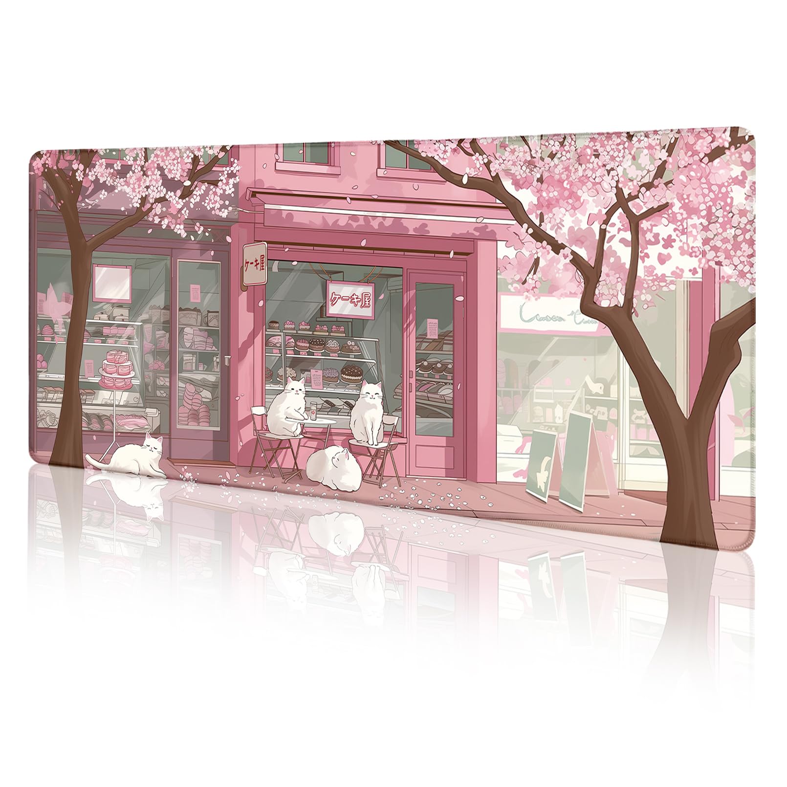LIMKRIAN Cat Mouse Pad Large Desk Mat, Pink Cherry Blossom Computer Mousepad with Stitched Edges Non-Slip, Keyboard Mouse Pad for Desktop Cute Office Desk Accessories Japanese Dessert House 31.5in