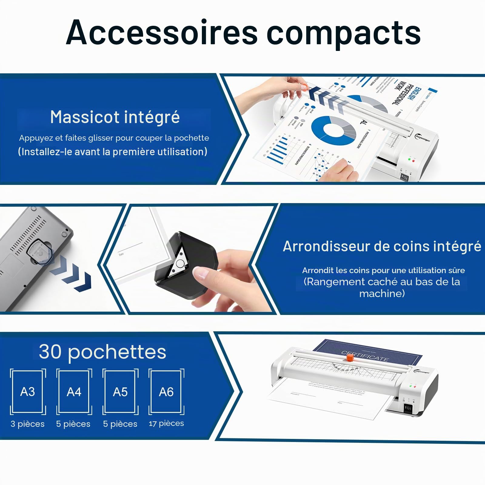 Buyounger Plastifieuse A3 avec Intégré et 30 Pochettes pour A3/A4/A5/A6, 5 en 1 Machine à Plastifier Thermique et à Froid avec Arrondisseur d'angles pour Usage Domestique, Bureau, école
