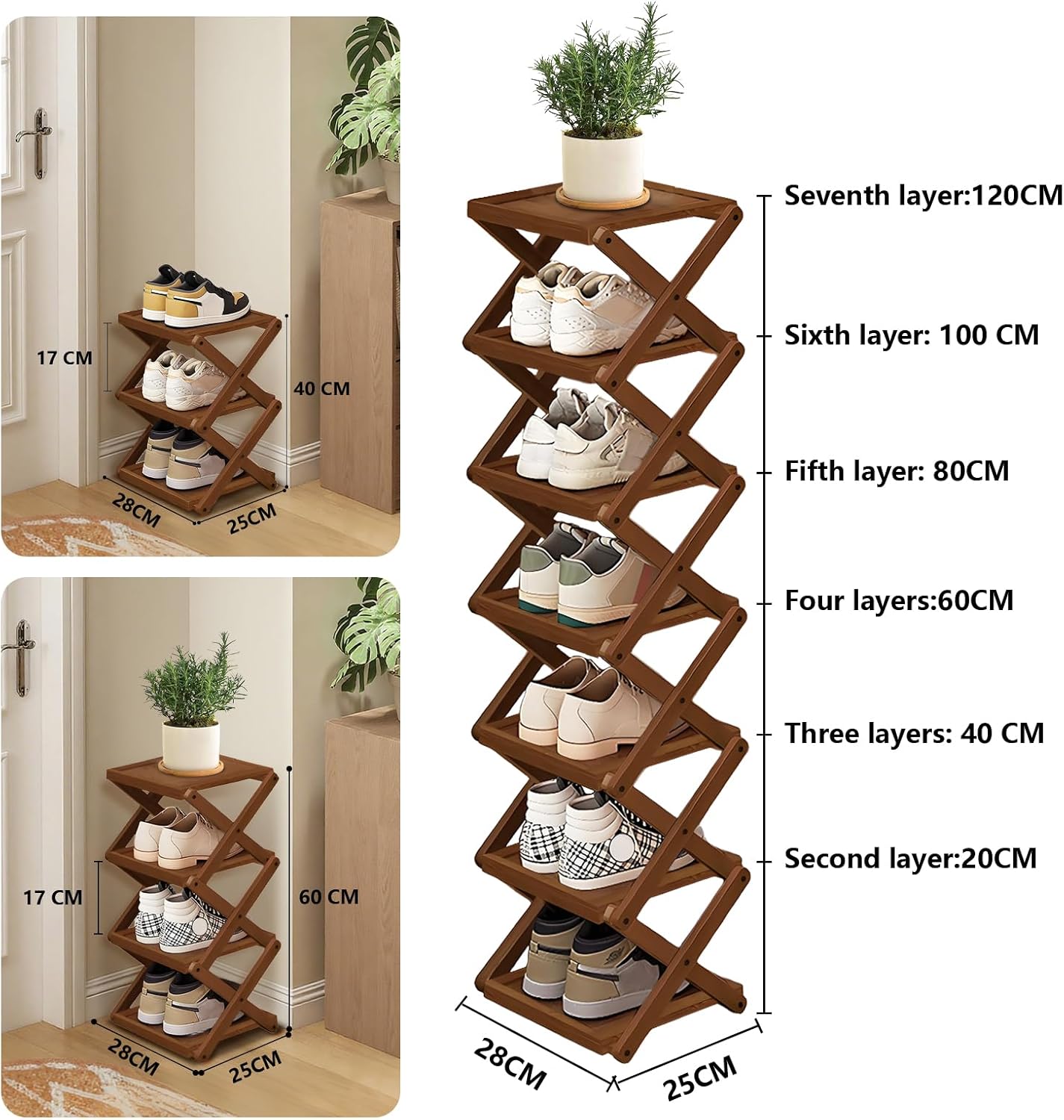 YYW Shoe Rack, Foldable Bamboo Shoes Shelf, Freestanding Shoe Storage Organiser for Entryway, Bedroom, Closet, Hallway - Functional, Natural Shoe Rack (Brown, 5 Layers)