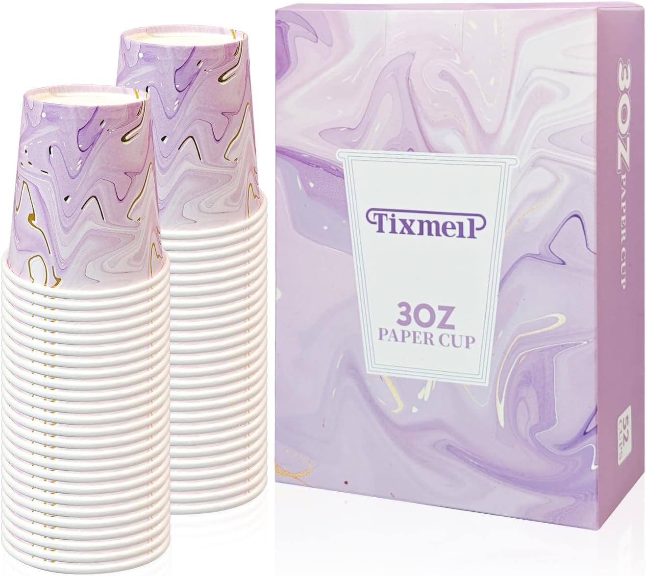 3 oz Small Paper Cups 52 Pack, Marble Design Bathroom Cups, Recyclable Mouthwash and Travel Use, BPA-Free Food Grade(Purple) 3oz-52pack