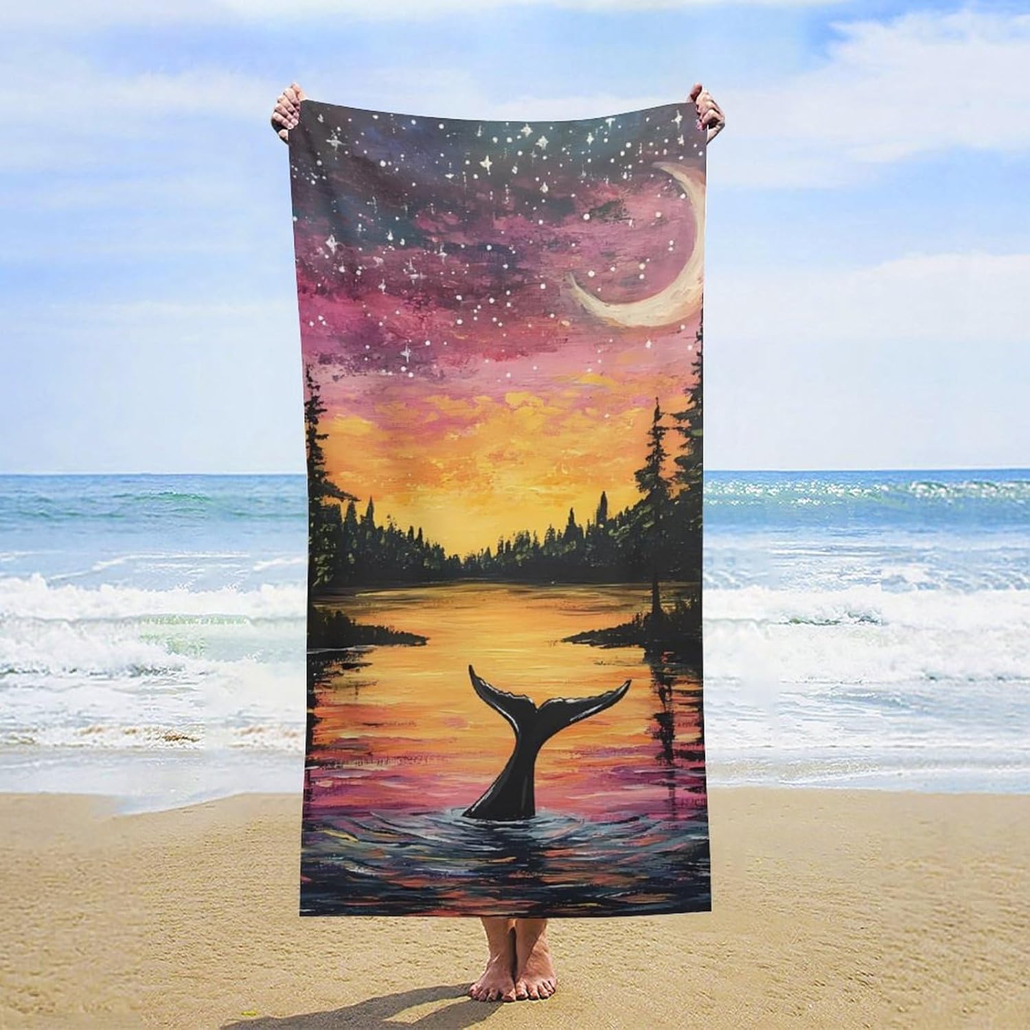 Psychedelic Whale Under The Moon Beach Towels Oversized Jumbo Large Yoga Bath Towel for Pool Yoga Swim Body 160x80cm