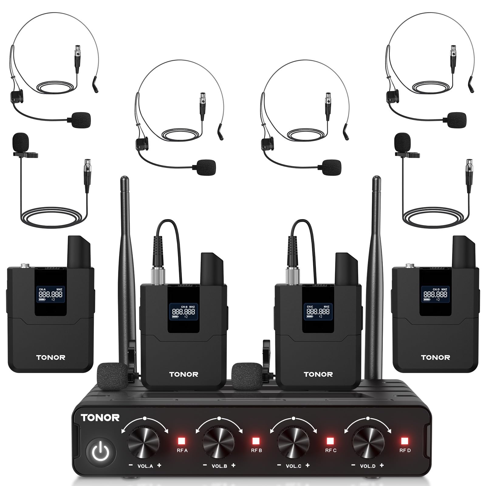 TONOR Système de Micro sans Fil avec 4 Émetteurs de Poche, 4x5 Fréquences, Portée 60m, TW364
