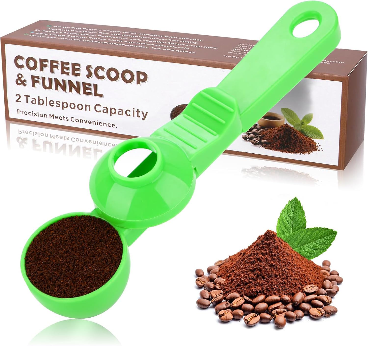 2-in-1 Coffee Scoop with Funnel, 2 Tbsp Measuring Spoon for Reusable K Cups, Ground Coffee, Protein Powder & Tea, Mess-Free Plastic Design（Green-1pack）