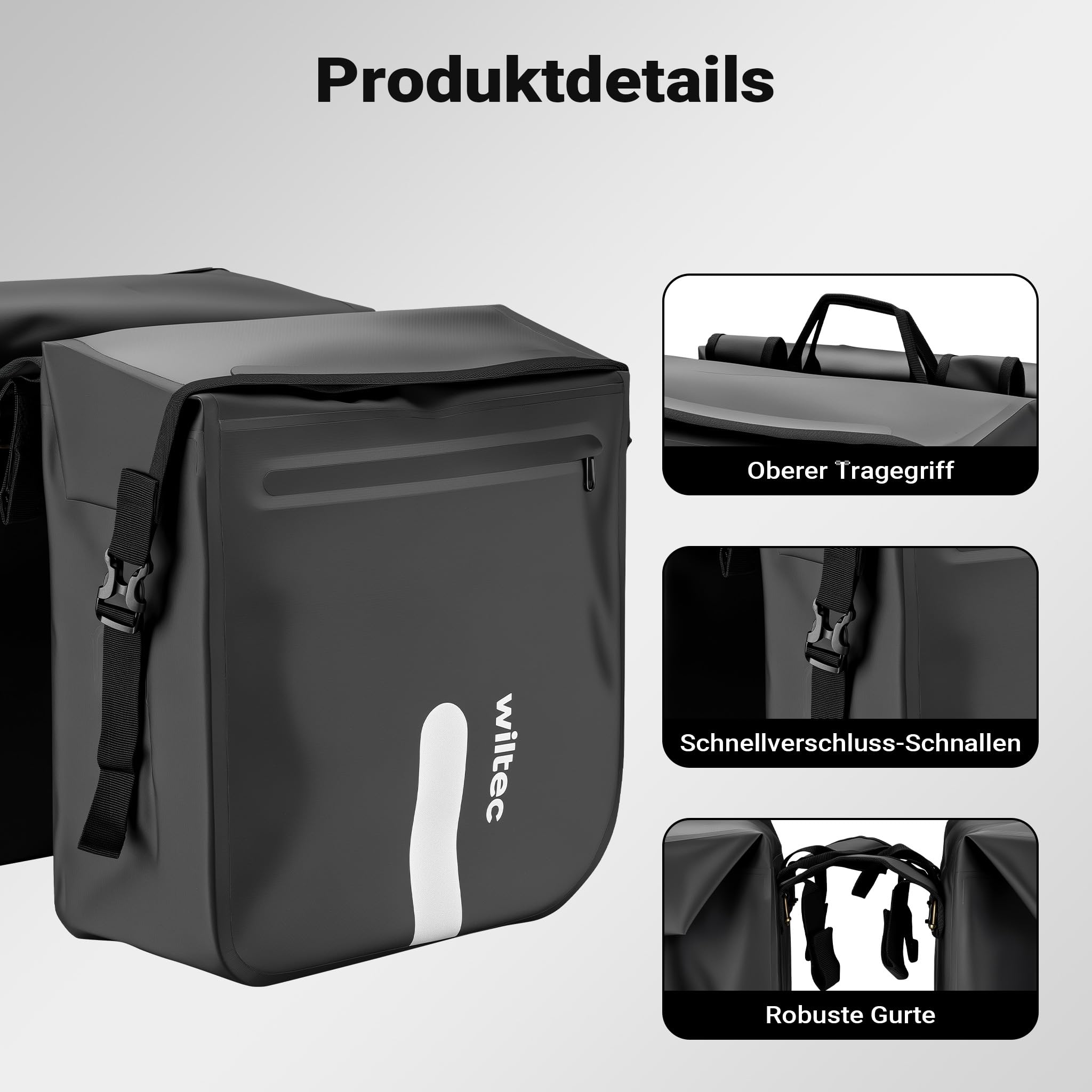 Wiltec Borsa doppia per portapacchi 37 x 16 x 51 cm, borse bici posteriori con 46 l di spazio, borse posteriori bici impermeabili, borsa da viaggio per bicicletta con tasche laterali