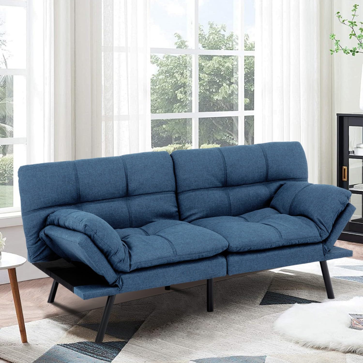 MUUEGM Futon Sofa Bed,Convertible 71" Couch Sofa,Faux Leather Sleeper Sofa with Adjustable Backrest for Living Room,Memory Foam Sofa Futon Couch Bed,Blue