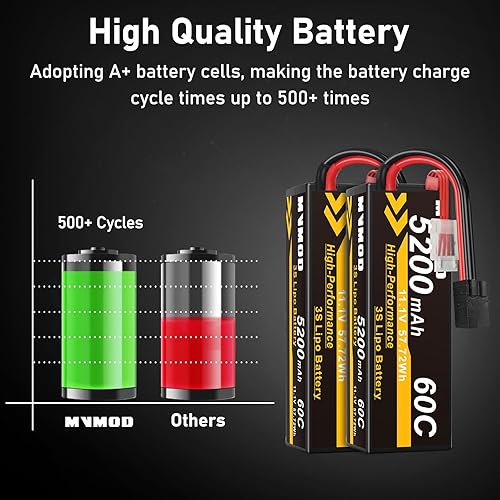 Miniatura 4 de Batería LiPo de 11.1 V 3S, 2 paquetes, 5200 mAh 60C RC Lipo Baterías Duro con Enchufe TR, Batería RC para Rc Car Rc Truck Avión Helicóptero Barco