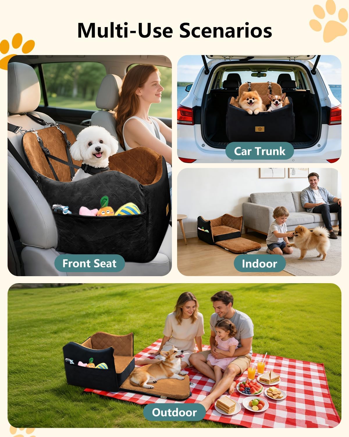 Dog Car Seat for Small/Medium Dogs Up to 35lbs, 2-in-1 Pet Car Seat with Memory Foam, Detachable Washable Dog Bed for Cars, Pet Booster Carseat with Storage Pockets Fits Front/Back Seats (Black/Brown)