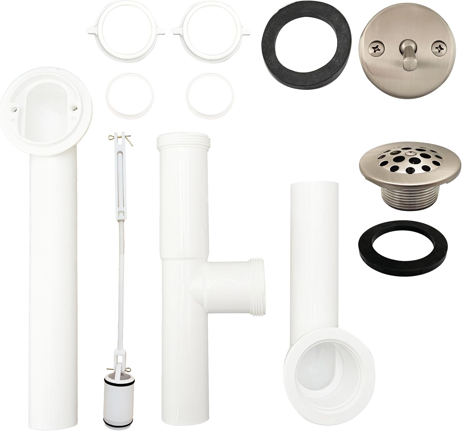 Westbrass 592244-07 14" White Poly Tubular Bath Waste & Overflow Assembly with Trip Lever and Strainer Grid Drain Cover, Satin Nickel