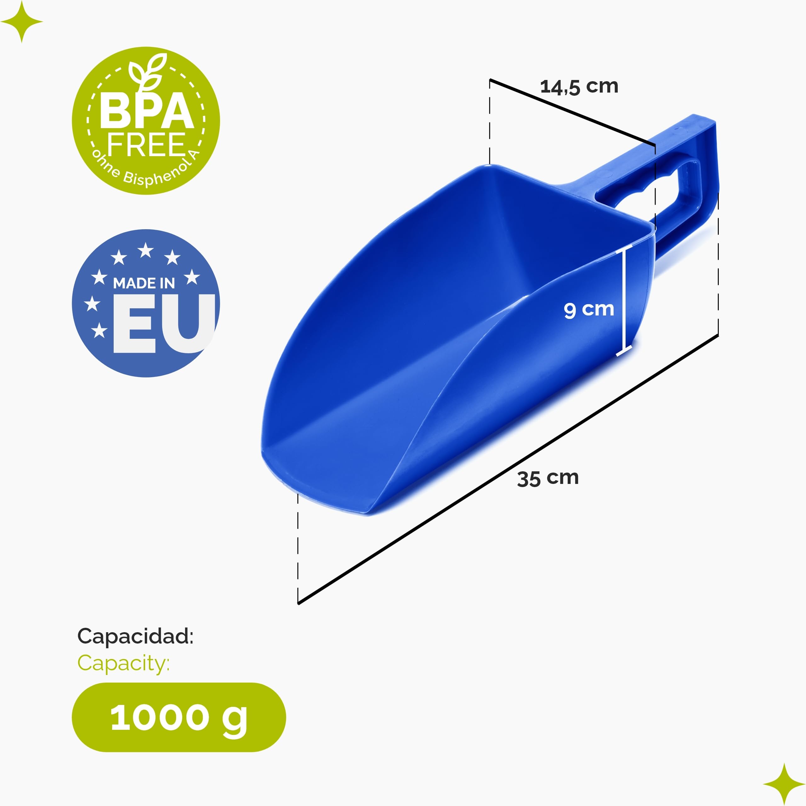 Garronda Pala de plástico para pienso 1 kg - Cuchara para alimento de animales, semillas, cereales o harina - Diseño robusto y ergonómico - Fabricada en Europa - Modelo GD-0153 (Azul)