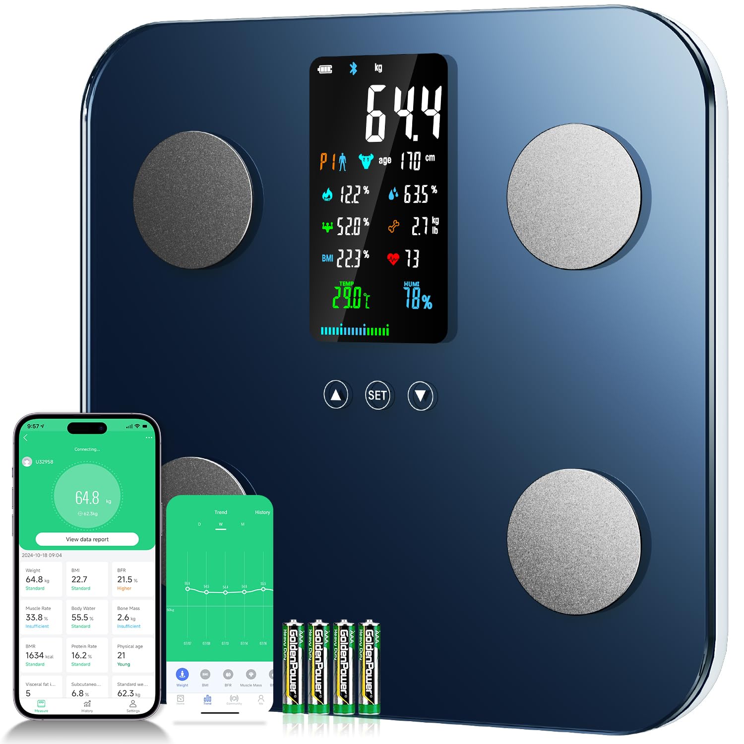 Onherm Bilancia digitale da bagno, bilancia professionale a bioimpedenza con ampio display, può misurare 19 dati corporei con app, bilancia portatile per misurare il grasso