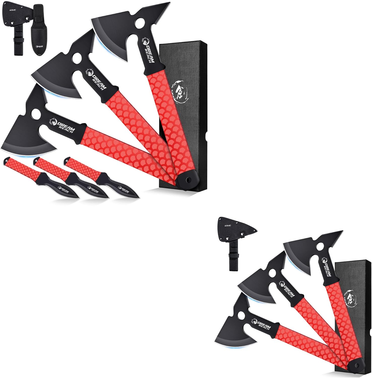 Dream Reach 6-Pack Throwing Game Set, Including Safe Full Tang 3 PCS Throwing Axes and 3 PCS Throwing Knives with TPR Rubber Sleeve and Protective Sheaths for Recreation and Competition
