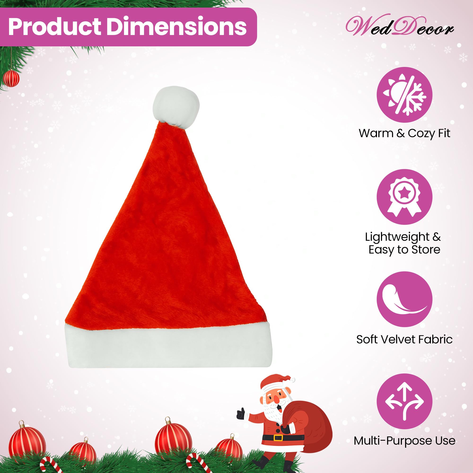 WedDecor Weihnachtsmütze für Erwachsene, flauschige Weihnachtsmütze, Unisex, Luxus-Plüsch-Weihnachtsmannmütze für Weihnachten, Weihnachtsmann-Kostüm-Zubehör für Weihnachten, Neujahr, Heiligabend
