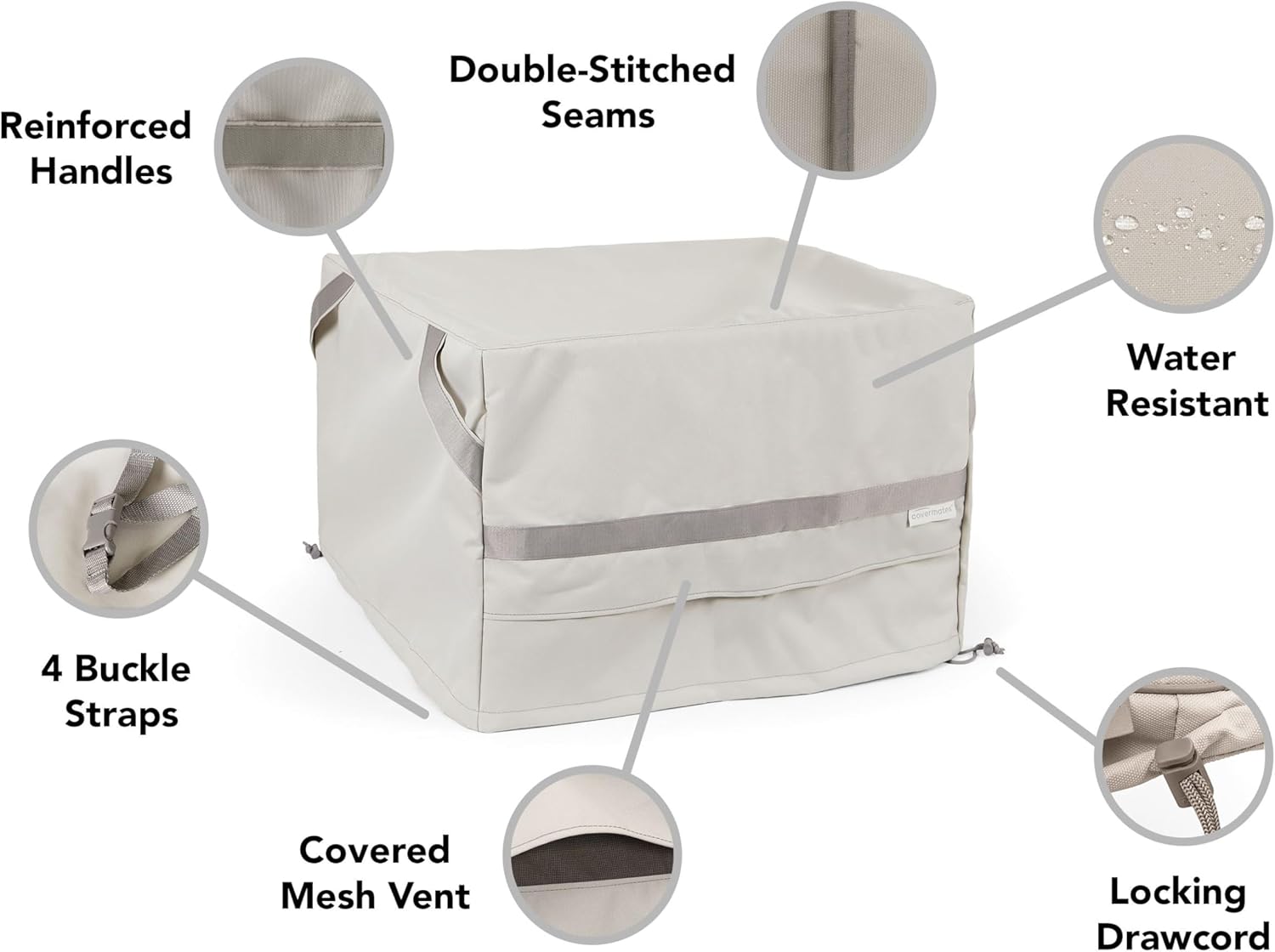 Covermates Prestige Square Ottoman Cover – Premium 900D Polyester, Waterproof, Drawcord Hem, Mesh Vents & Buckle Straps, Heavy-Duty Outdoor Patio Protection, 24W x 24D x 18H, Stone