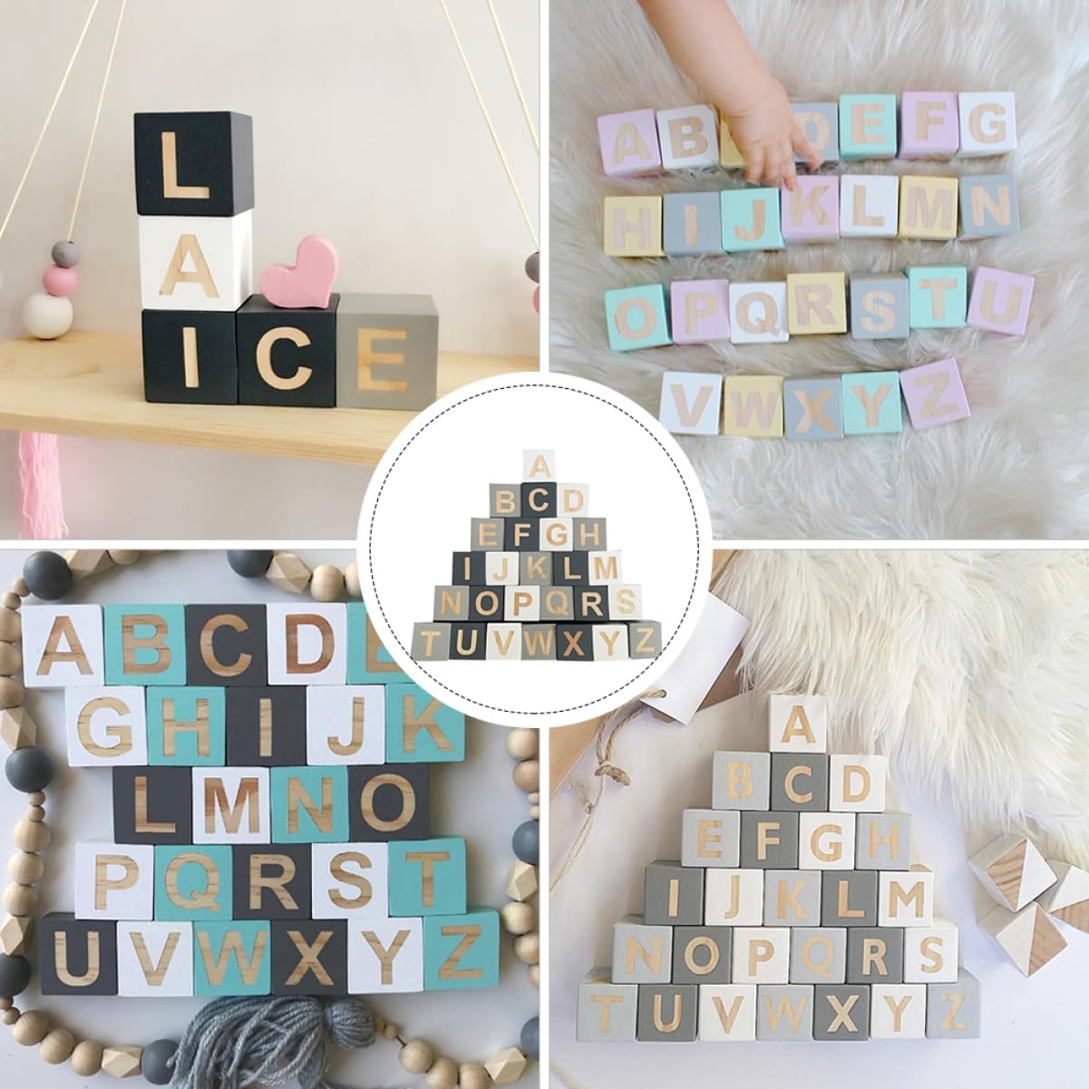 Unomor 26pcs Wooden Alphabet Blocks for Photo Props and Home Decor Rustic Letter Cubes for Parties Weddings and Events Lightweight and Natural Decor