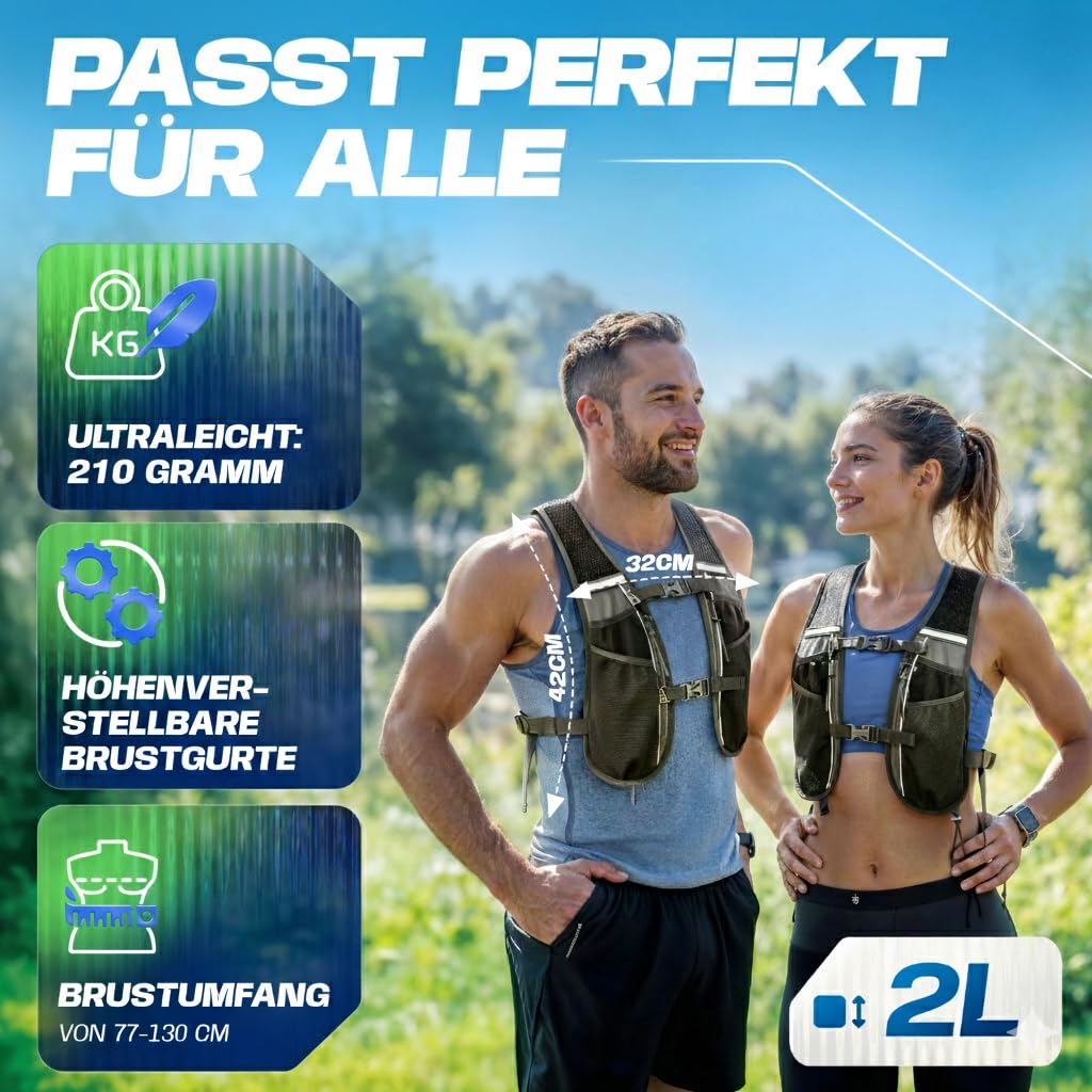 SASMO® Gilet da corsa da donna e da uomo, 5 l/2 l, ultraleggero e traspirante, zaino da corsa da donna, 8 tasche, gilet da corsa da uomo