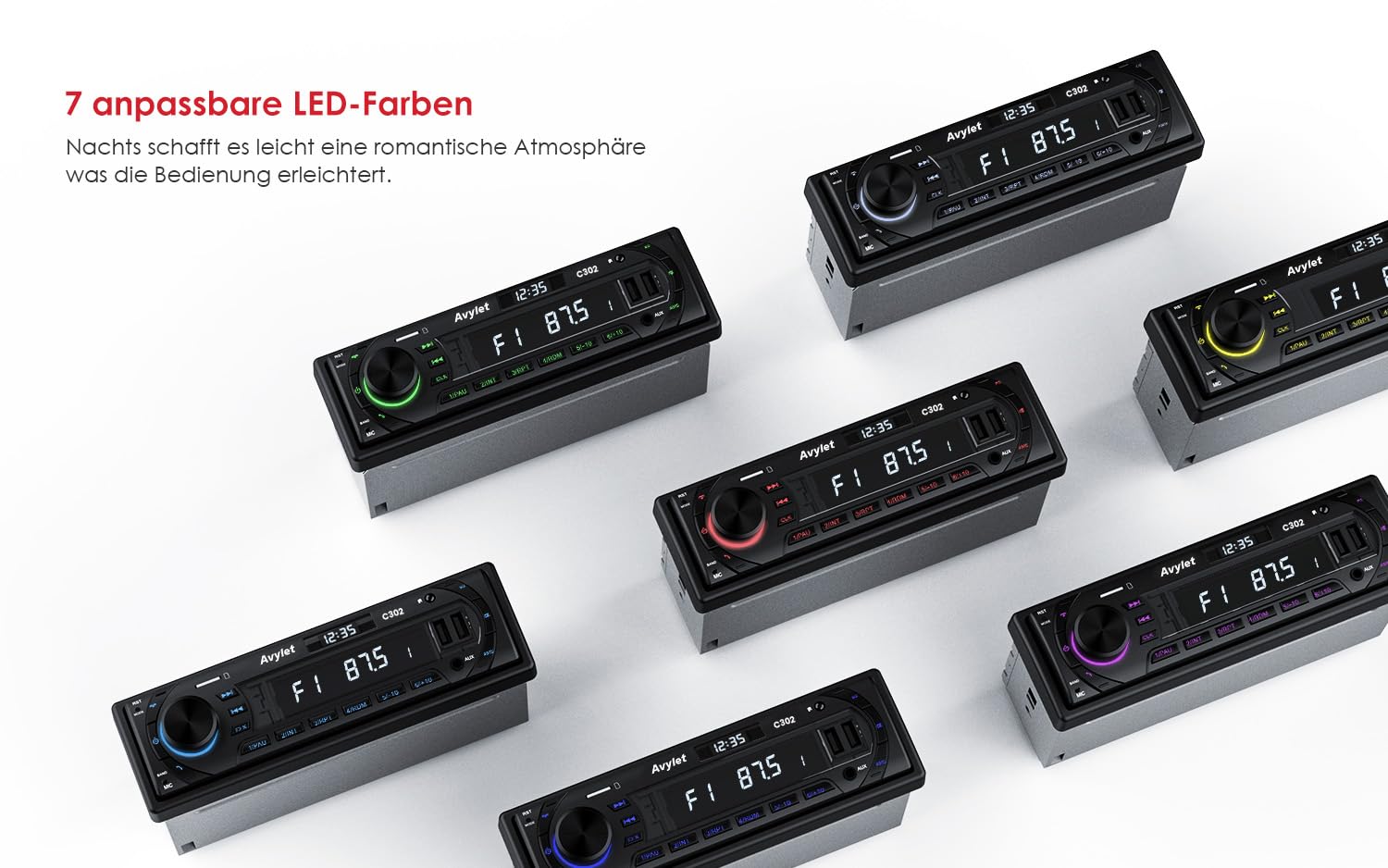 Autoradio Bluetooth 5.0 Vivavoce FM/AM, Avylet Radio Stereo 1 DIN, Supporta Basso Profondo/Luce a 7 colori/Chiamata a mani libere/AUX-IN/CARD/Chiavetta USB, Telecomando, 60W X 4, Ricarica rapida