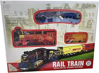 مجموعة قطارات كلاسيكية للسكك الحديدية، 20 قطعة، تعمل بالبطارية مع صوت واقعي وفانوس أمامي للتشغيل