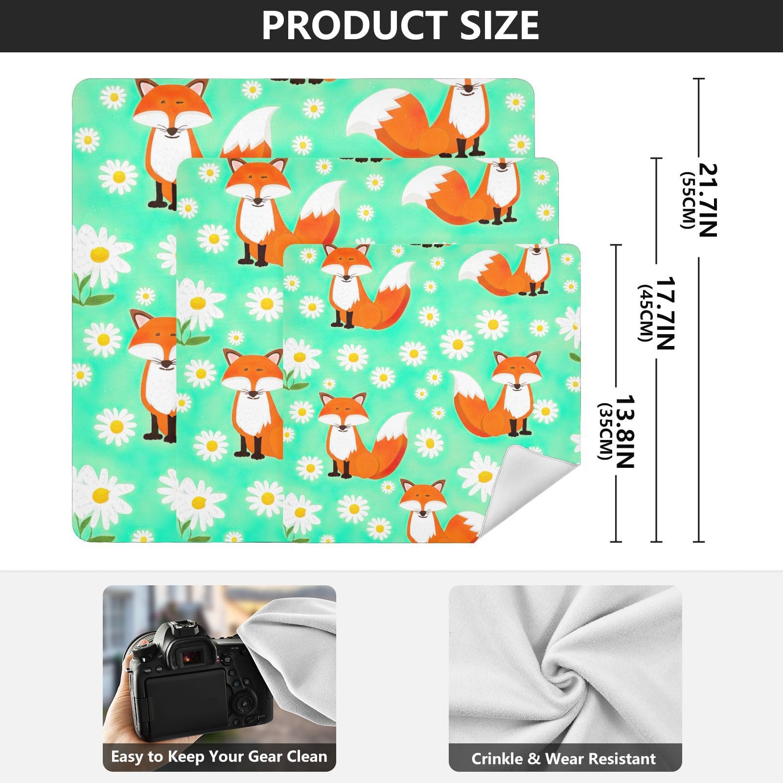 ODAWA Cute Cartoon Foxes Daisies Green Self-Adhesive Cloths 13.8X13.8 Inch Makeup Wrap Cloth Bag Magic Self-Adhesive Cloths for Camera, Lens, Laptop