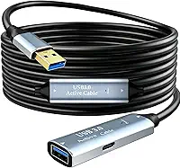 Tan QY Cabo de extensão ativo USB 3.0, cabo extensor tipo A macho para fêmea com 2 chipsets de extensão e 1 porta de carregamento USB-C, para webcam, hub USB, câmera, impressora (10 m)