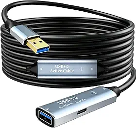 Tan QY Cabo de extensão ativo USB 3.0, cabo extensor tipo A macho para fêmea com 2 chipsets de extensão e 1 porta de carregamento USB-C, para webcam, hub USB, câmera, impressora (10 m)