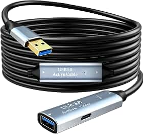 Tan QY Cabo de extensão ativo USB 3.0, cabo extensor tipo A macho para fêmea com 2 chipsets de extensão e 1 porta de carregamento USB-C, para webcam, hub USB, câmera, impressora (10 m)