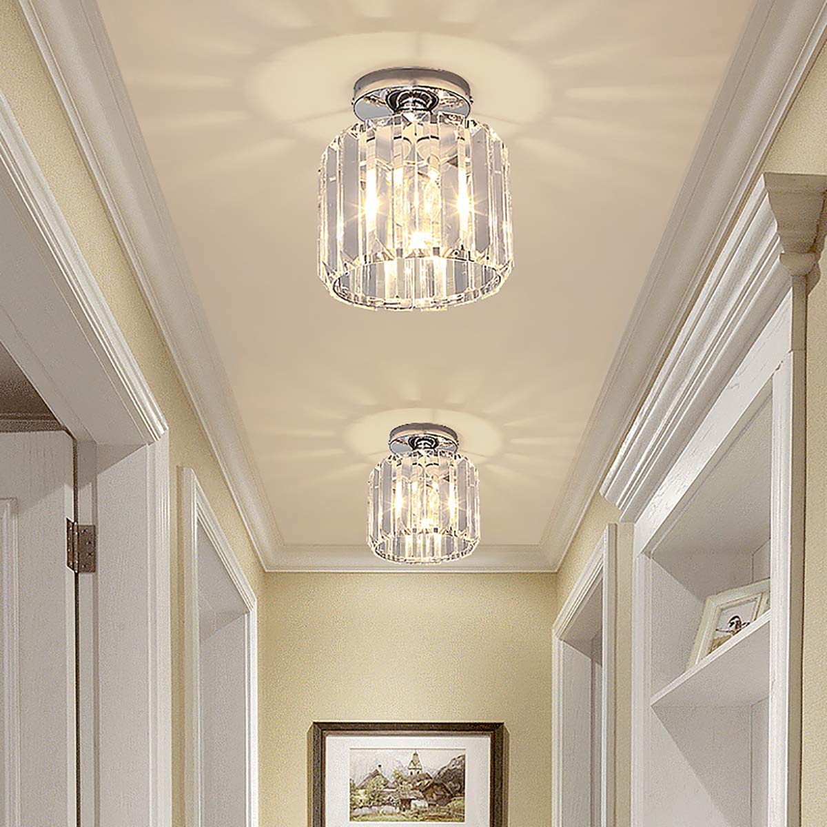 WDW Crystal Palace Genuine Crystal Hallway Flush Ceiling Light Chandelier - Chrome - Round Shape - 15 x 17 cm