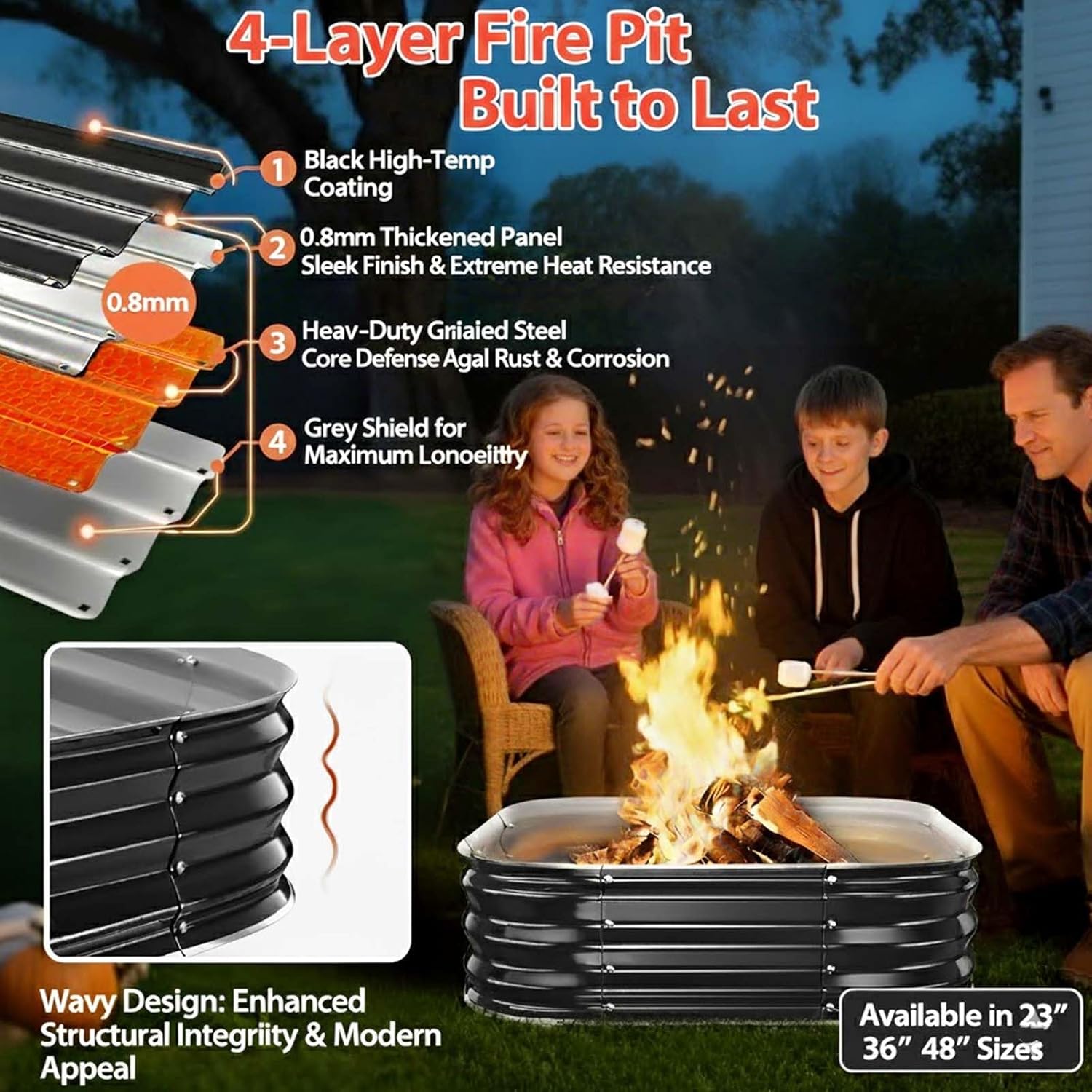 Fire Pit Ring,48in Large Heavy Duty Square Firepit for Outside,11'' Tall Galvanized Steel Bonfire Pits,Wood Burning Outdoor Fireplaces,Portable for Backyard,Camping,Patio,Beach