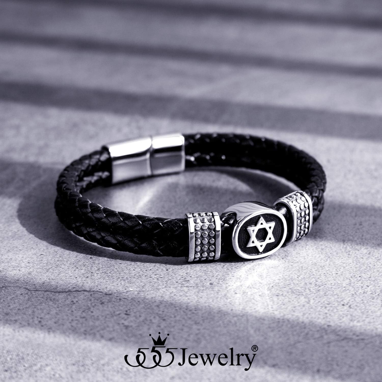 555Jewelry Stainless Steel Star of David Braided Leather Hypoallergenic Bracelet for Men, Size 8 & 9 Inch