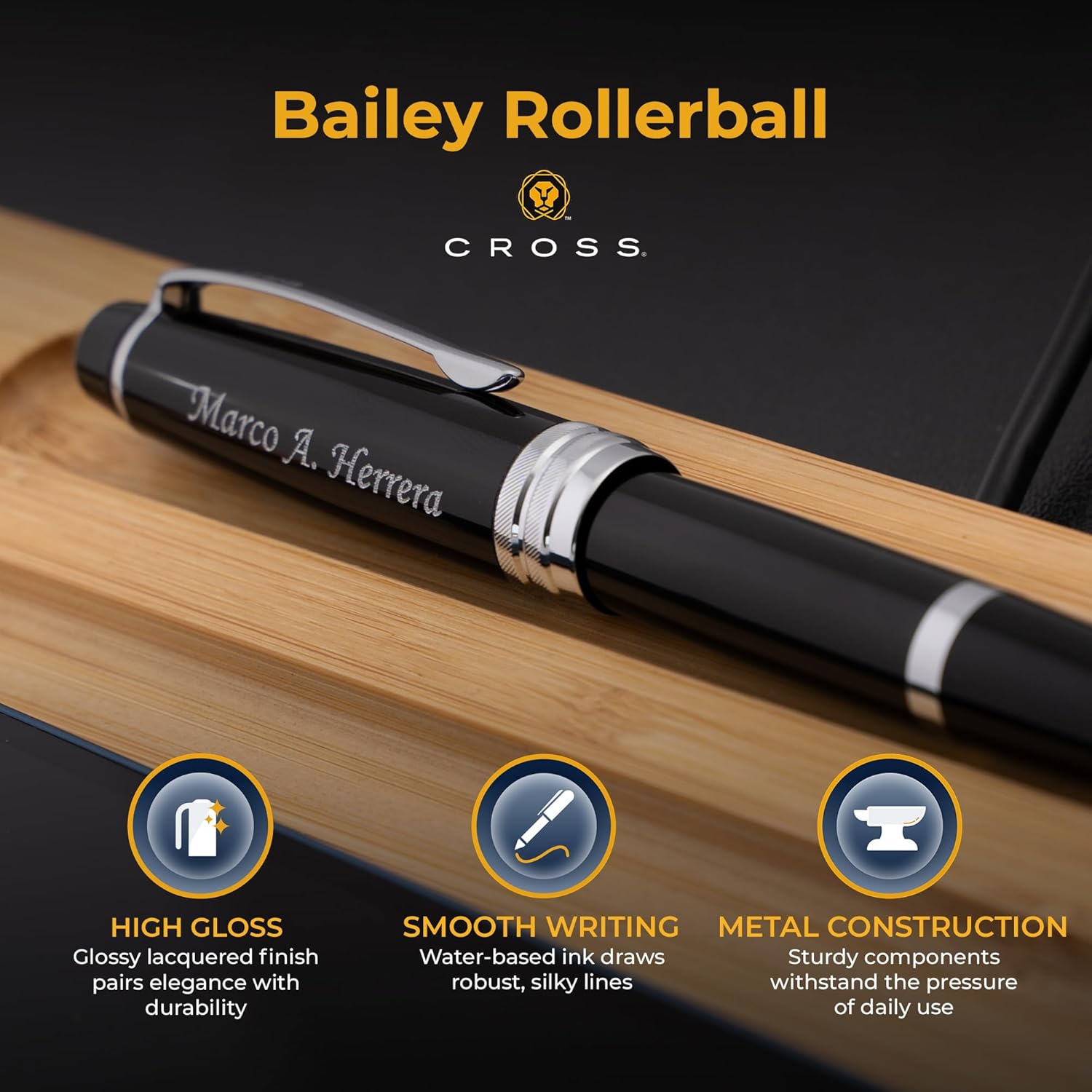 Dayspring Pens Personalized Cross Bailey Rollerball Pen | Custom Engraved Luxury Cross Pens for Men, Women, Professionals & Executives with Gift Box | Smooth Black Ink | Black Lacquer with Chrome Trim